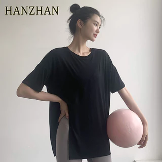 [Hanzhan] Áo tập yoga kiểu dáng khô nhanh, che kín dáng rộng, hông thon gọn, tập luyện thể thao, áo thun mỏng, trang phục tập gym ngắn tay