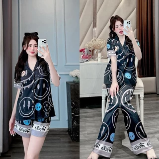 Bộ đồ Pijama mặt cười in full lụa gấm xước ánh kim cho Nữ cute dễ thương CCD71 Sammy