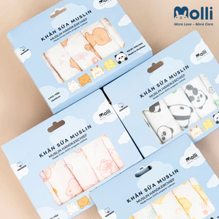 Set 5 Khăn Sữa Muslin Molli 2 lớp cotton 100% họa tiết đáng yêu cho bé, Kích thước 30x30cm