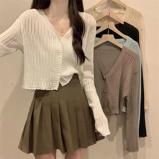 Áo khoác cardigan len nữ tay dài kiểu cổ V dáng ngắn chống nắng hàng dệt kim đẹp phong cách ulzzang