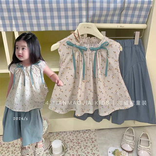 Bộ đồ hai mảnh mùa hè mới bé gái áo sơ mi hoa chân rộng quần chín phút cho bé quần cotton phù hợp với