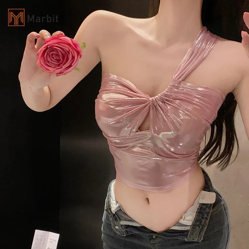 Marbit Một Vai Crop Tops Camisole Nữ Mùa Hè Xếp Ly Rỗng Sáng Bóng Gợi Cảm Áo Mới