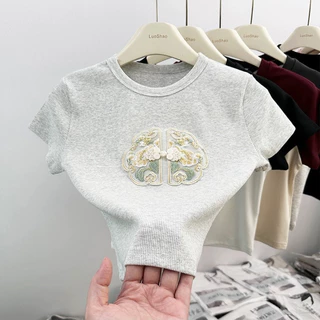 Bh phong cách Trung Quốc nữ cotton thêu đĩa nút crop Áo thun ngắn tay cổ tròn mỏng vừa vặn