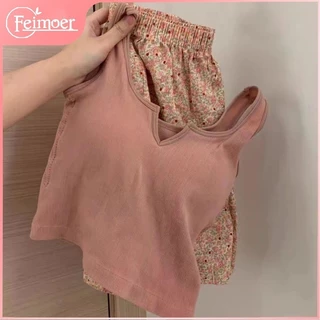 Feimoer Hoa Pyjama Quần Nữ Bộ Đồ Ngủ Có Miếng Lót Ngực Phong Cách Hàn Quốc Ins Phong Cách Tươi Camisole Homewear Phù Hợp Với