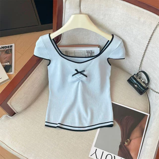 Milyfashion  Women's Square Collar Bow Short-Sleeved Sweater Summer New Pleated Contrast Color Design Sense Niche Slim-Fit Crop-Top