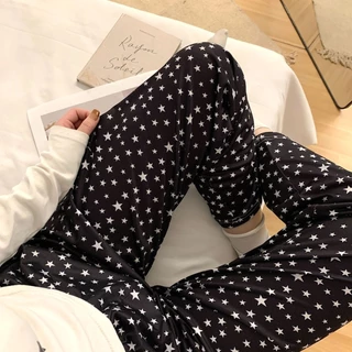 Quần Đi Bộ Màu Đen Mới Quần Pyjama Nữ Mùa Hè Mỏng In Hình Hoạt Hình Thường Ngày Quần Ống Rộng Có Thể Bên Ngoài Mặc Quần Quần