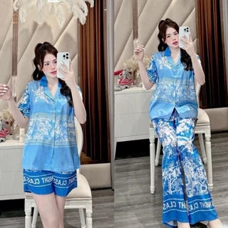 Bộ đồ Pijama xanh dương hoạ tiết in full Lụa gấm xước cho Nữ sang chảnh CCD56 Sammy