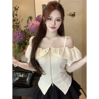 Mùa Hè Desire Phong Cách Phương Tây Một Vai Dây Kéo Đôi Sling Nữ Hot Girl Pure Top Slim fit Áo Sơ Mi Ngắn Xù D0ZP