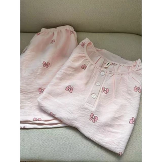 Bộ Đồ Ngủ Loungewear Ngọt Hồng Nơ Nữ Dễ Thương Đơn Giản Áo Chui Đầu Ngắn Tay Ngắn