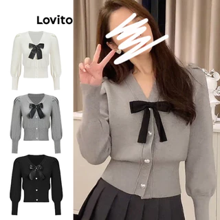 Áo sweater Lovito cổ chữ V cột nơ màu trơn đáng yêu cho nữ L61AD150 (màu xám/ trắng/ đen)