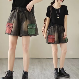 Quần yếm trắng đau khổ Quần short Denim nữ dáng rộng tương phản độc đáo Khâu túi lớn thon gọn hơn Quần ống rộng hợp thời trang 4.11