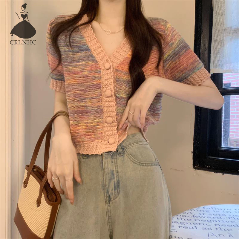 Áo thun Cardigan dệt kim ngắn tay sọc mùa hè CRLNHC Áo thun nữ Slim Crop Top vn