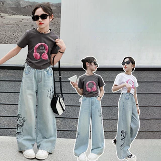 Bộ đồ bé gái Mùa hè Phong cách mới Áo thun hoạt hình ngắn tay Denim Quần ống rộng Bộ đồ hai mảnh Thời trang thông thường Trẻ em