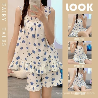 Bộ Đồ Ngủ Mùa Hè Có Miếng Lót Ngực Nữ Nhăn Cotton Treo Quần Short Mỏng Phong Cách Cô Gái Ngọt Ngào Hoạt Hình Homewear Thường Ngày Phù Hợp Với