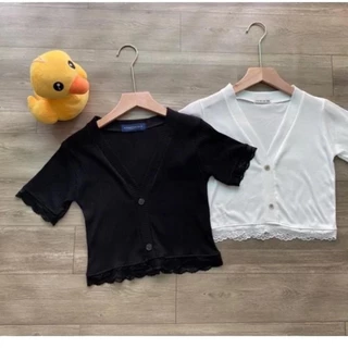 Áo croptop cổ V tay ngắn phối ren nút giả chất thun gân mã 02