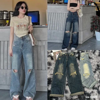 Quần Jeans dáng suông mài đùi, quần bò suông rách 2 gối cạp cao kiểu dáng Hàn Quốc mã QS08