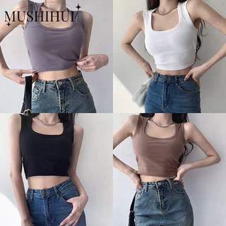 Áo bình xăng MUSHIHUIWomen có miếng đệm ngực vuông, màu trơn, áo Croptop thể thao mỏng không tay GM2451N53