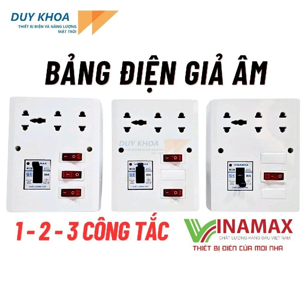 Bảng điện giả âm Vinamax có CB30A với 3 phân loại 1-2-3 công tắc kèm ổ cắm điện 3 lỗ đa năng