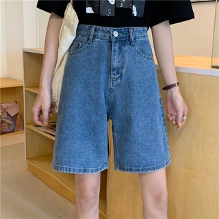 Phong Cách Hàn Quốc Cổ Điển Quần Short Denim Nữ Mùa Hè Xanh Eo Cao Quần ngắn ống rộng 5 Điểm Denim Quần Short Dạo Phố Unisex Quần Giữa