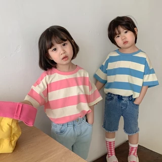 Áo thun sọc trẻ em mới mùa hè Hàn Quốc bé trai và bé gái dễ thương Hàn Quốc áo ngắn tay thủy thủ Hàn Quốc