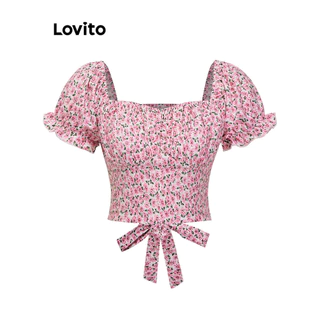 Lovito Áo kiểu thắt nơ lưng hoa phong cách Boho Ditsy cho Nữ L86ED059