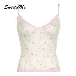 Sweeticme Nữ 2024 Thời Trang Mới Cổ Chữ V Slim Fit Nhân Quả Áo Bể Hoa Áo Camisole