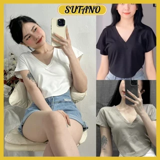 áo thun nữ cổ tim croptop vạt bầu áo phông croptop cổ v chất thun tăm co giãn phong cách trẻ trung A277 SUTANO