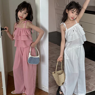 Thời Trang Trẻ Em Quần Áo Bé Gái Mùa Hè Phong Cách Mới Băng Lụa Sling Quần Ống Rộng Bộ Đồ Hai Mảnh