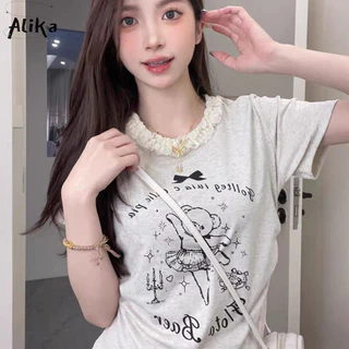 Áo thun nữ Alika tay ngắn y2k ren ngọt ngào in hoạt hình bm Hàn Quốc dáng ôm vừa vặn vai ngắn thẳng cotton nguyên chất