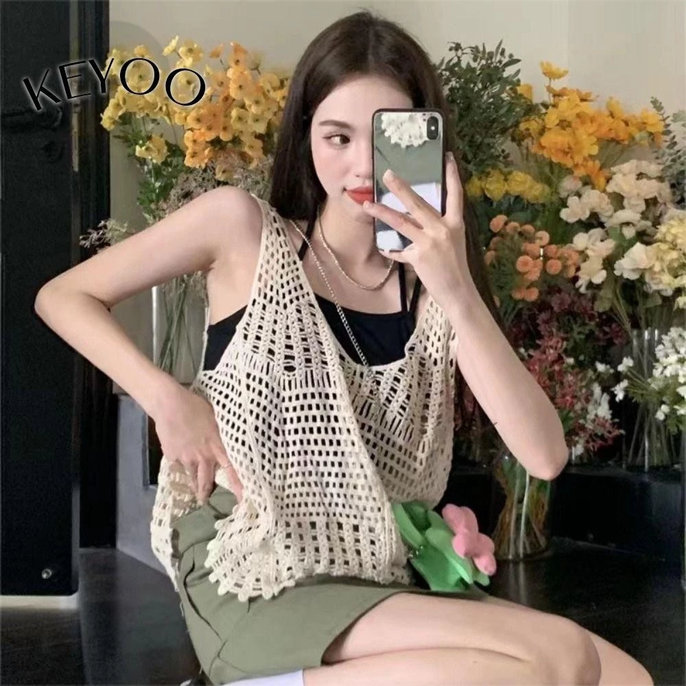 Áo len dệt kim KEYOO, Áo hai dây Cotton rộng rãi, họa tiết thêu móc áo sơ mi không tay rỗng mùa hè