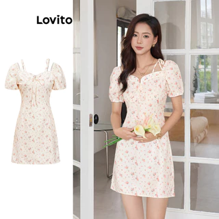 Lovito Đầm hoa đơn giản có dây buộc phía trước dành cho nữ LNE56302