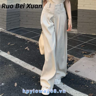 Ruo Bei Xuân Nữ Màu Trơn Phù Hợp Với Quần Cao Cấp Draped Sàn Quần Giảm Béo Ống Rộng Quần Thường Ngày