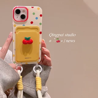 Ins Hàn Quốc 3D Anh Đào Đựng Thẻ Ốp Lưng Dây Đeo Tay Vòng Tay IPhone 11 Làm Dày Camera Bảo Vệ Cho IPhone 15 14 13 12 Pro Max