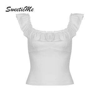 Sweeticme Nữ 2024 Mới Thời Trang Màu Trơn Slim Fit Cổ Vuông Nhăn Nhân Quả Xe Tăng Áo Camisole