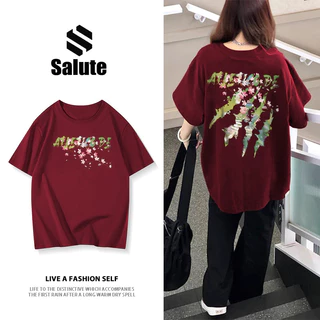 SALUTE Áo phông nữ Đỏ mận form rộng mùa hè Vết móng vuốt in hình fashion cotton local brand Y1397