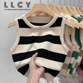 Áo len dệt kim sọc tương phản LLCY, Áo Crop Top dệt kim bằng sợi Acrylic, Áo ghi lê không tay cổ tròn không tay dành cho nữ