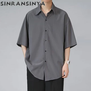 Sinransinya Áo Sơ Mi Nam Mới Nhật Bản Retro Cổ Điển Sang Trọng Màu Trơn Lụa Băng Không Sắt Nút Cardigan Rời Và Mỏng Cặp Đôi Thời Trang Nửa Tay Áo