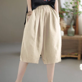 Vải Lanh Cotton Văn Học Quần Short Ống Rộng Nữ Mùa Hè Mới Mỏng Thường Ngày Năm Điểm Quần