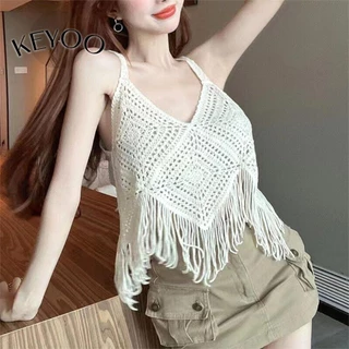 Keyoo Nữ Móc Camisole Áo Rỗng Ra Thêu Hoa Treo Áo Vest Nhỏ Cổ Chữ V Sâu Cami Dây Tua Rua Xe Tăng Dệt Kim Cotton Tank Tops Mùa Hè Đi Biển