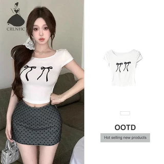 Crlnhc Mùa Hè Ngọt Nơ In Áo Thun Nữ Cổ Tròn Tay Ngắn Ôm Crop Top vn