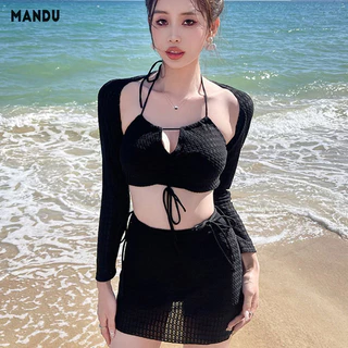 Đồ bơi ba mảnh MANDU dành cho nữ, bikini cổ dây buộc phiên bản Hàn Quốc gợi cảm, che đậy dài tay, đồ bơi suối nước nóng màu trơn gợi cảm