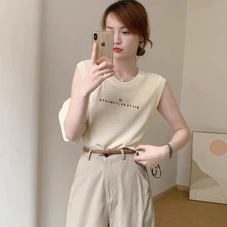 Balamy Bí Ngô Màu Không Tay Áo Vest Nữ Mặc Bên Ngoài Thiết Kế Mùa Hè Niche Áo Thun Không Tay Ice Silk Áo Len Áo Vest Top