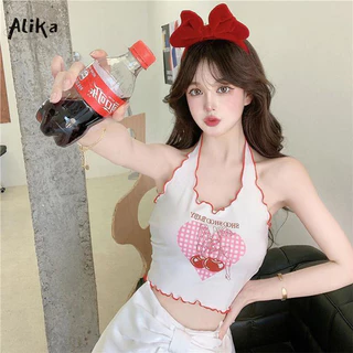 Áo vest nữ Alika y2k Nhật Bản in họa tiết ngọt ngào Hàn Quốc hàng ngày đa năng gợi cảm hàng ngày áo mỏng dệt kim