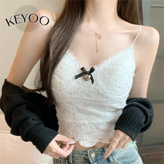 Keyoo Nữ Cổ Chữ V Sâu Không Tay Backless Tank Top Màu Lưới Sheer Ren Hoa Suspender Thắt Nơ Ren Áo Ngực Slim Fit Áo Ngực Ngắn Áo Vest Mùa Hè Gợi Cảm Camisole