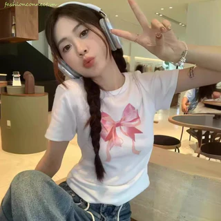 Fashionconnect Áo ngắn nơ, Áo thun nữ tay ngắn cổ tròn in nơ, Tiệc Cotton phong cách múa ba lê thời trang