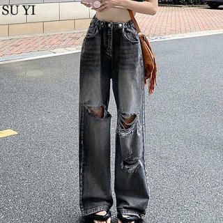 Su YI Plus size béo mm giảm béo xuân thu eo cao thẳng quần jean rách nữ dáng rộng cổ điển đường phố cao cấp hợp thời trang quần ống rộng