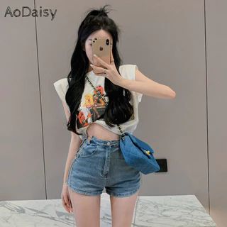 Aodaisy Áo thun không tay cotton nguyên chất phong cách Hàn Quốc mới dành cho nữ tay ngắn in hình thời trang