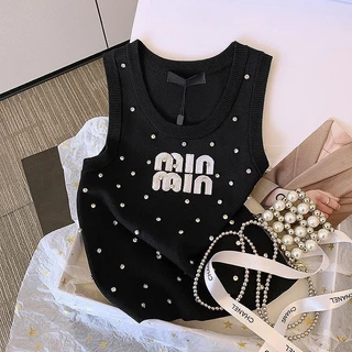 Milyfashion  plus Size Women's Clothes Top Beaded Letters Embroidered plus Size Vest Sling Women's Summer2024New Slim SleevelessTT-shirt