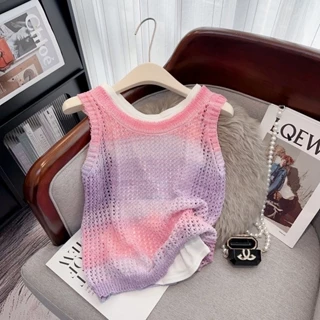 Camisole Phong Cách Lười Nhiều Màu Sắc Rỗng Ra Dệt Kim Camisole Nữ Mùa Hè Mới Rỗng Ra Top Ngắn Top Xu Hướng