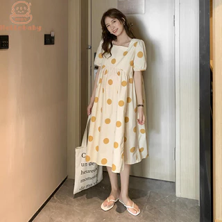 Trang phục bà bầu Hellobaby, phong cách thời trang xuân hè, váy dài đầu gối phong cách Hàn Quốc, váy ngắn tay mùa hè hợp thời trang dành cho mẹ